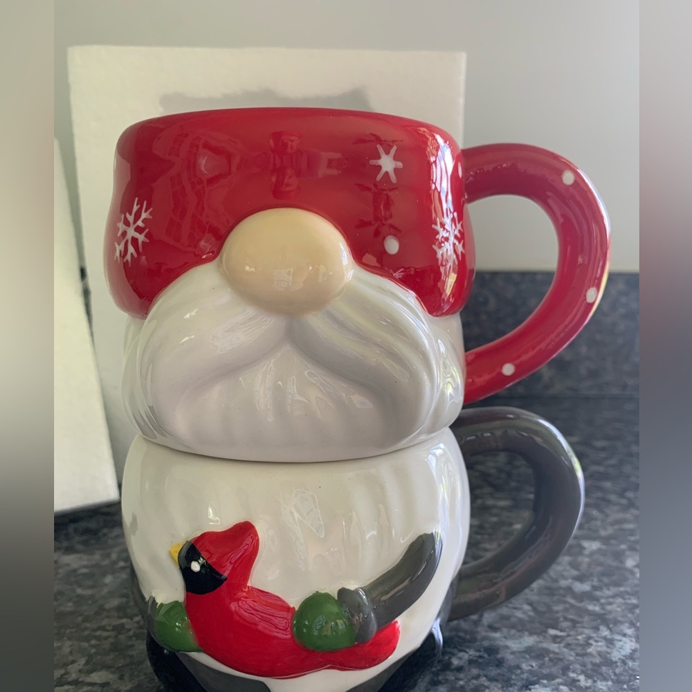 Winter Gnome holding cardinal 2 Mug Stacker. NEW